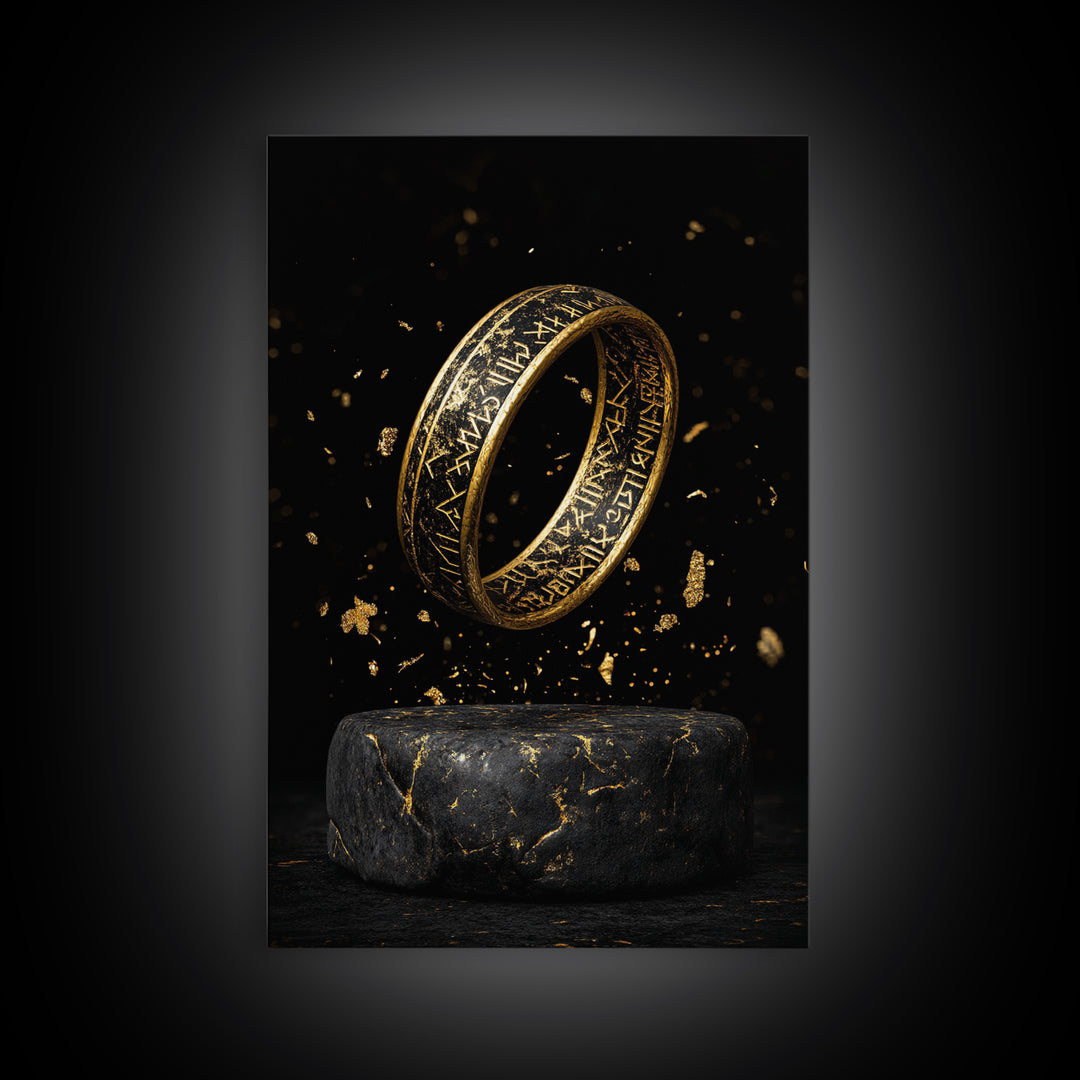 Viking Rune Ring Canvas Gold Art Canvas Art – Nordic Mythology Office Wall Art, Norse Man Cave Decor with handcrafted real wood frame