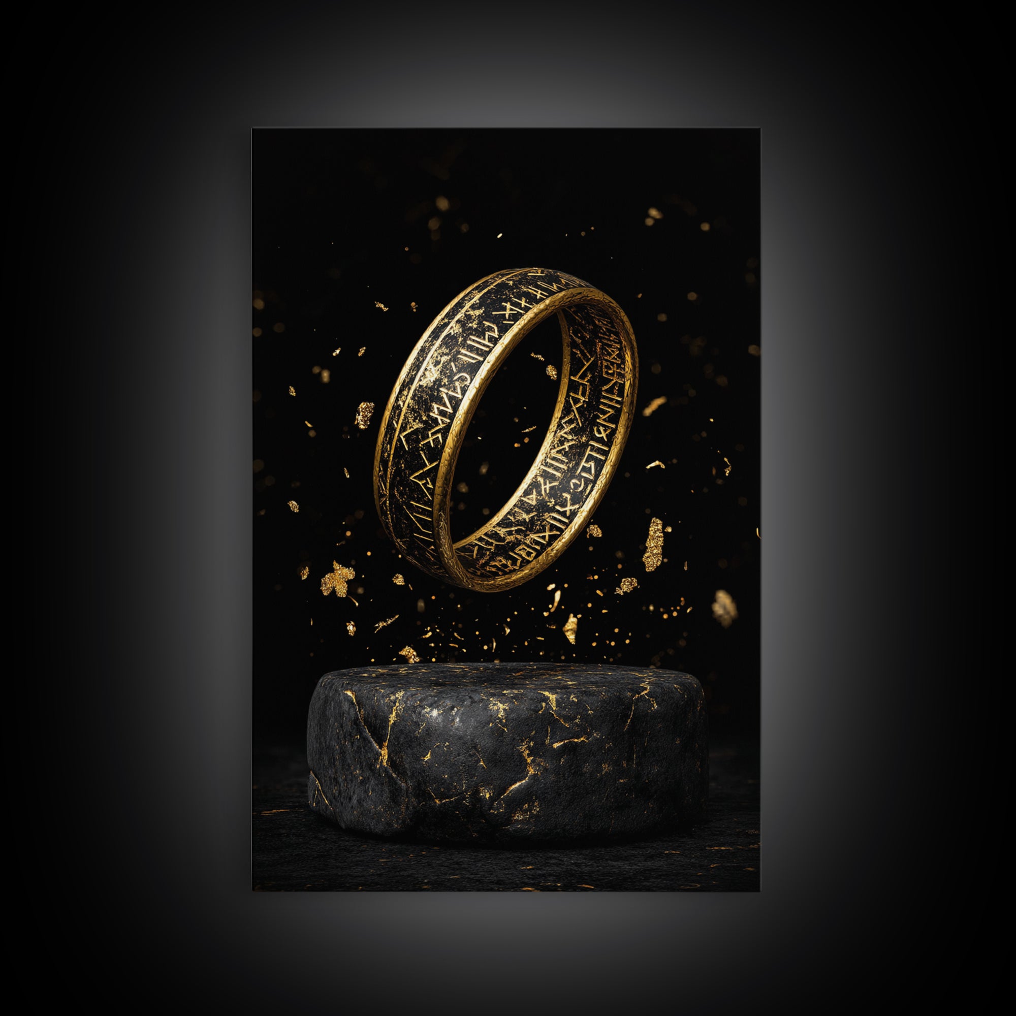 Viking Rune Ring Canvas Gold Art Canvas Art – Nordic Mythology Office Wall Art, Norse Man Cave Decor with handcrafted real wood frame