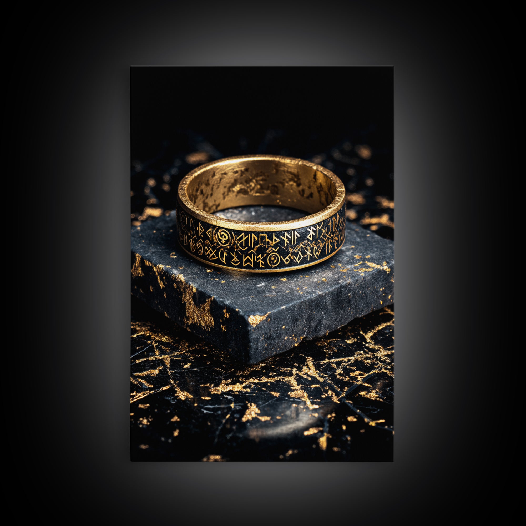 Norse Rune Ring Canvas Gold Art Canvas Art – Viking Jewelry Inspired Office Wall Art, Nordic Man Cave Decor framed in wood frame