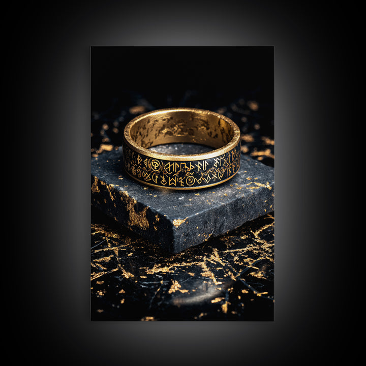 Norse Rune Ring Canvas Gold Art Canvas Art – Viking Jewelry Inspired Office Wall Art, Nordic Man Cave Decor framed in wood frame