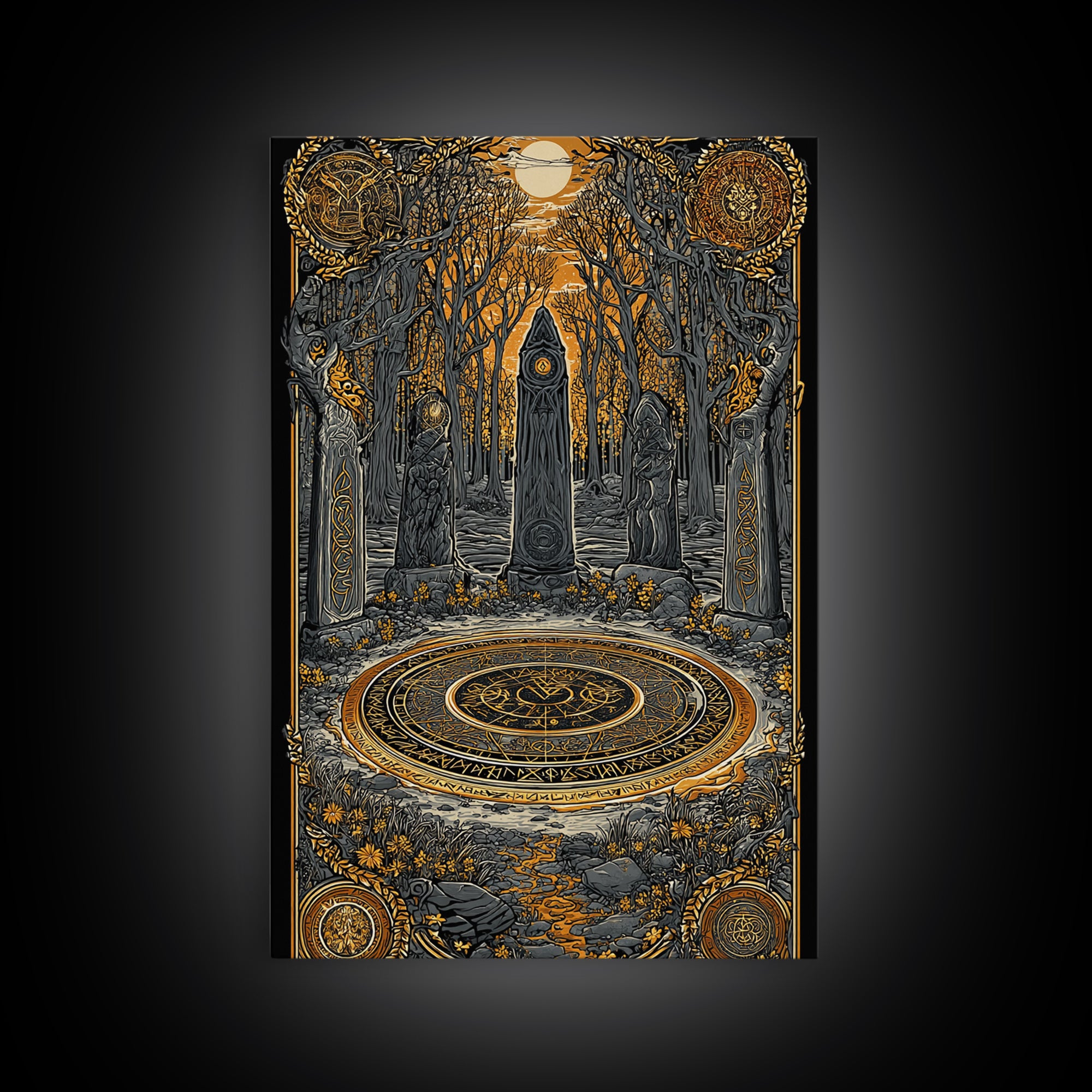 Nordic Ritual Circle Canvas Gold Art, Viking Pagan Canvas Art for Man Cave or Office, framed in natural wood for bold decor