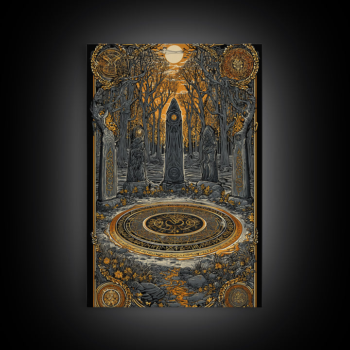 Nordic Ritual Circle Canvas Gold Art, Viking Pagan Canvas Art for Man Cave or Office, framed in natural wood for bold decor