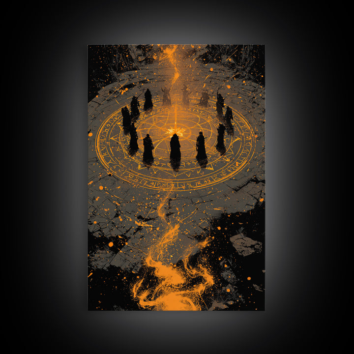 Mystical Norse Ritual Gathering Canvas Gold Art, Viking Pagan Canvas Art Wall Hanging with real wood frame, Dad Gift or Office Art