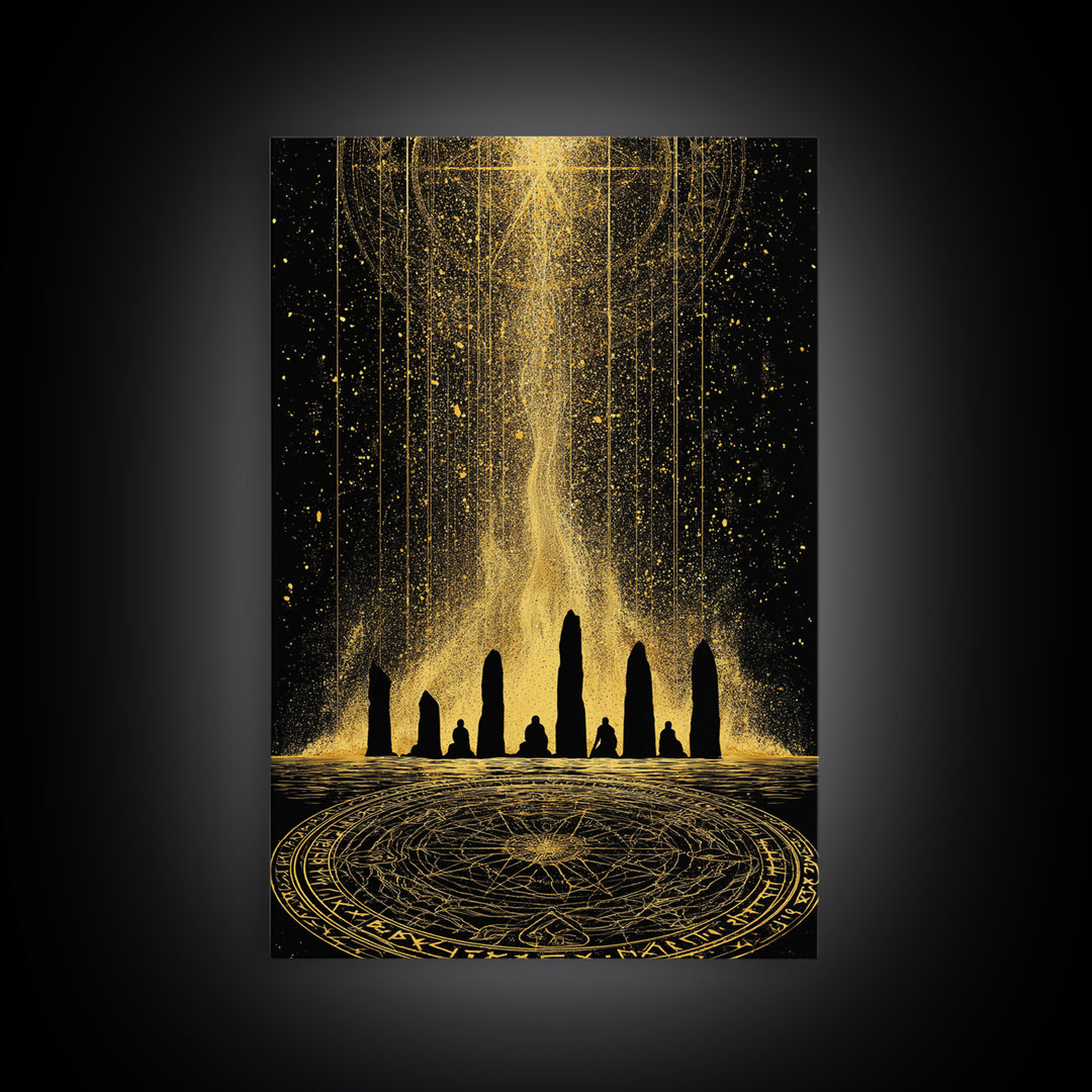 Canvas Gold Art Norse Ritual Stone Circle Canvas Art – Viking Ceremony Wall Art, Nordic Office Decor for Men framed in natural wood