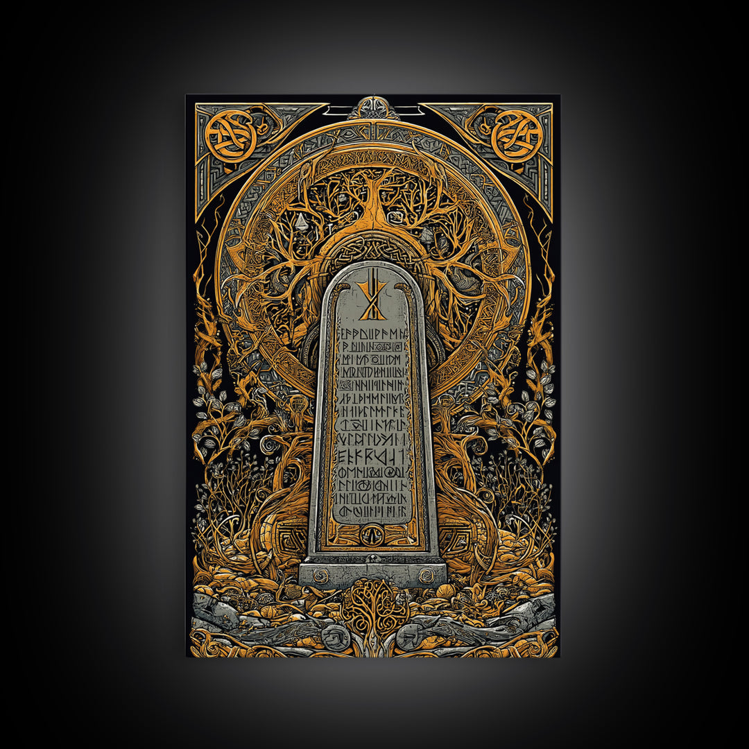 Runestone Engraved with Ancient Runes Canvas Gold Art, Nordic Mythology Canvas Art framed in real wood, Man Cave or Office Decor