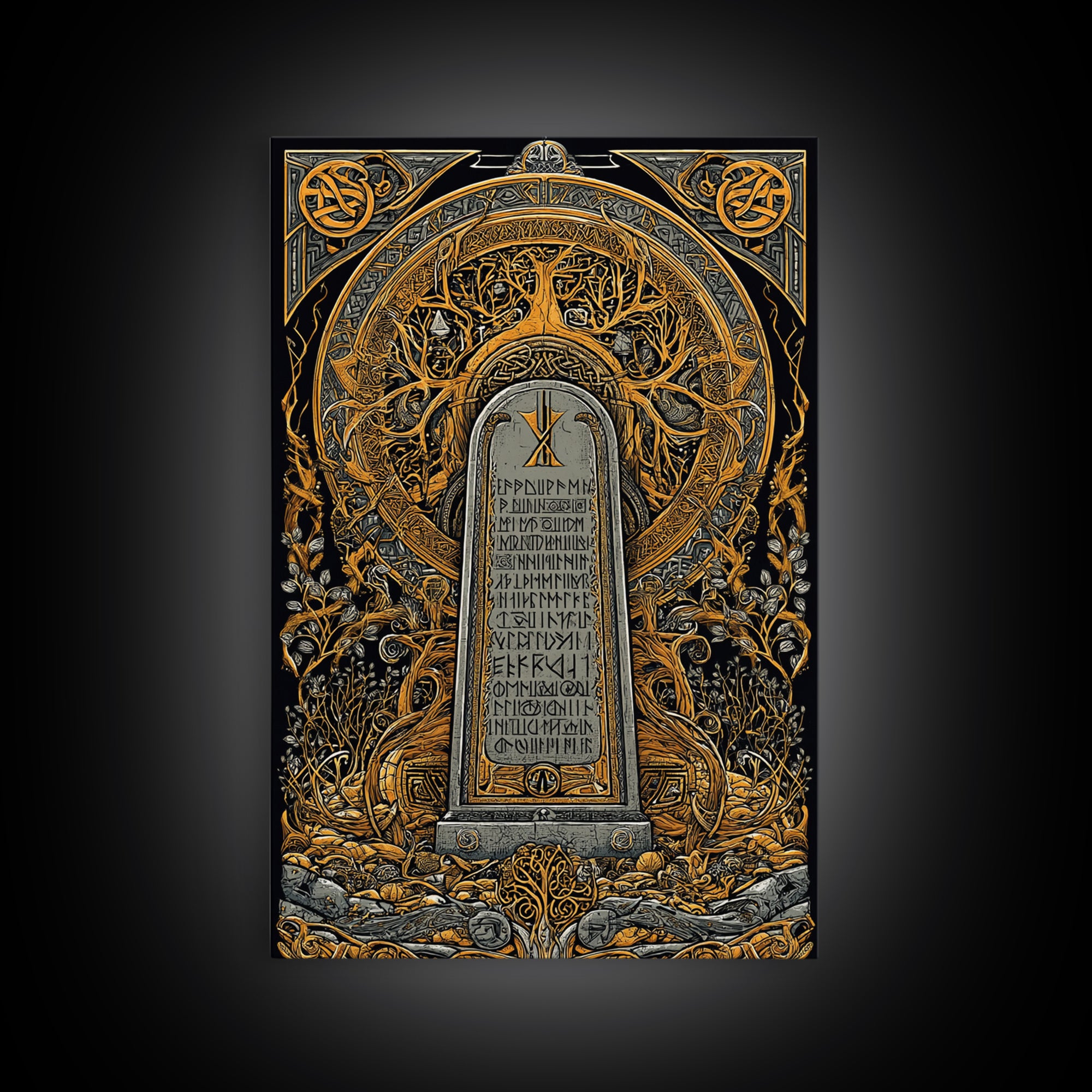 Runestone Engraved with Ancient Runes Canvas Gold Art, Nordic Mythology Canvas Art framed in real wood, Man Cave or Office Decor