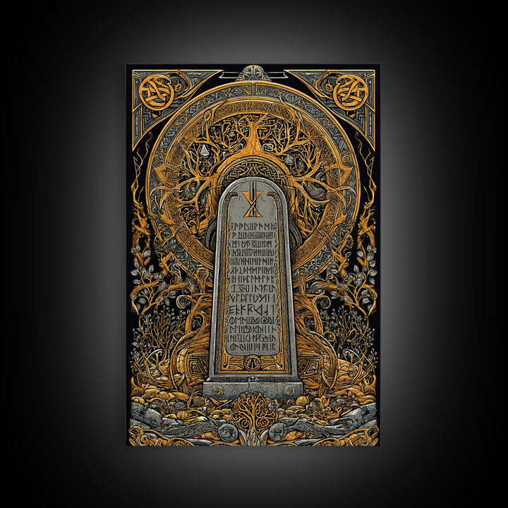 Runestone Engraved with Ancient Runes Canvas Gold Art, Nordic Mythology Canvas Art framed in real wood, Man Cave or Office Decor