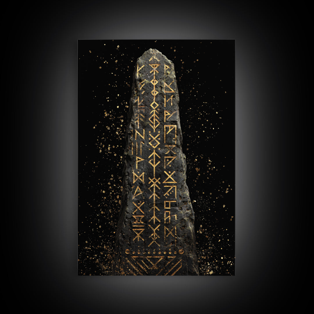 Golden Norse Rune Stone Canvas Gold Art, Mythology Inspired Viking Canvas Art framed in real wood, Office Art or Man Cave Accent