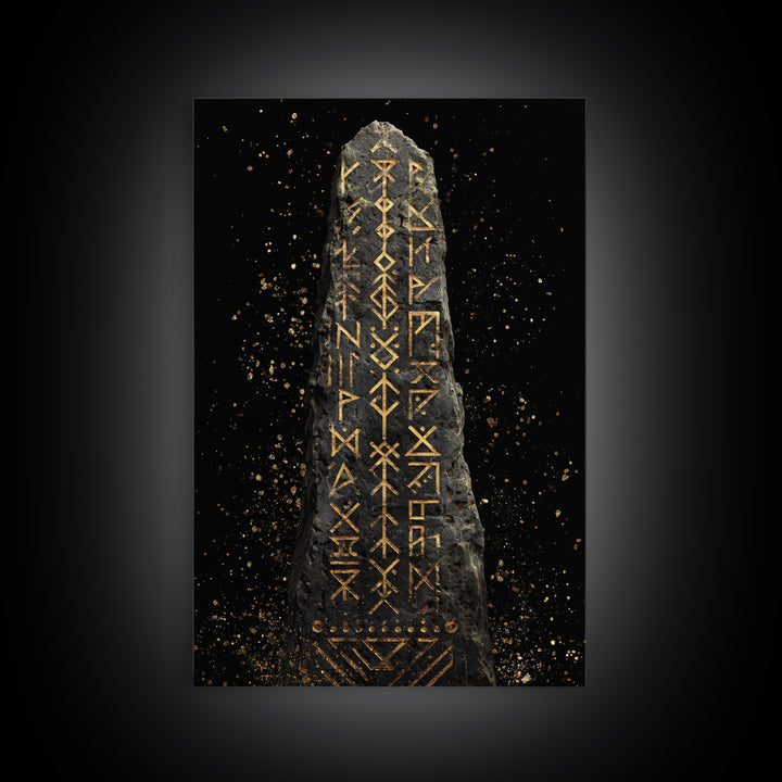Golden Norse Rune Stone Canvas Gold Art, Mythology Inspired Viking Canvas Art framed in real wood, Office Art or Man Cave Accent
