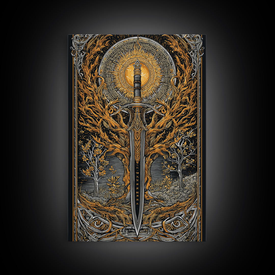 Viking Spear and Sacred Sun Canvas Gold Art, Nordic Weapon Canvas Art framed in natural wood, Bold Man Cave Decor or Office Wall Art