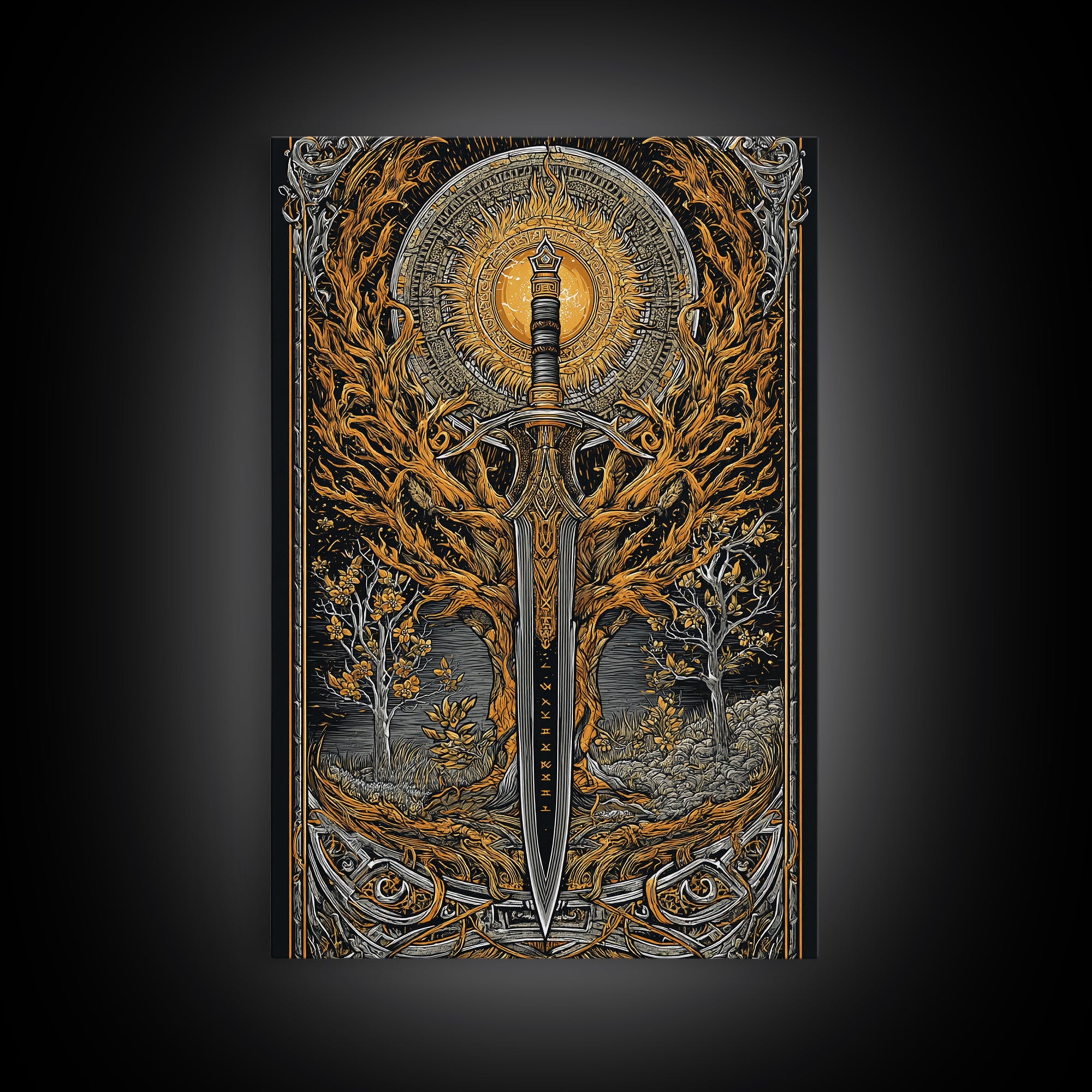Viking Spear and Sacred Sun Canvas Gold Art, Nordic Weapon Canvas Art framed in natural wood, Bold Man Cave Decor or Office Wall Art