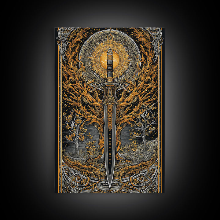 Viking Spear and Sacred Sun Canvas Gold Art, Nordic Weapon Canvas Art framed in natural wood, Bold Man Cave Decor or Office Wall Art