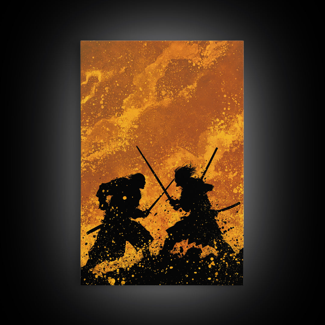 Viking Army Fight Scene Canvas Gold Art, Nordic Mythology Battle Canvas Art framed in natural wood, Bold Wall Decor for Men