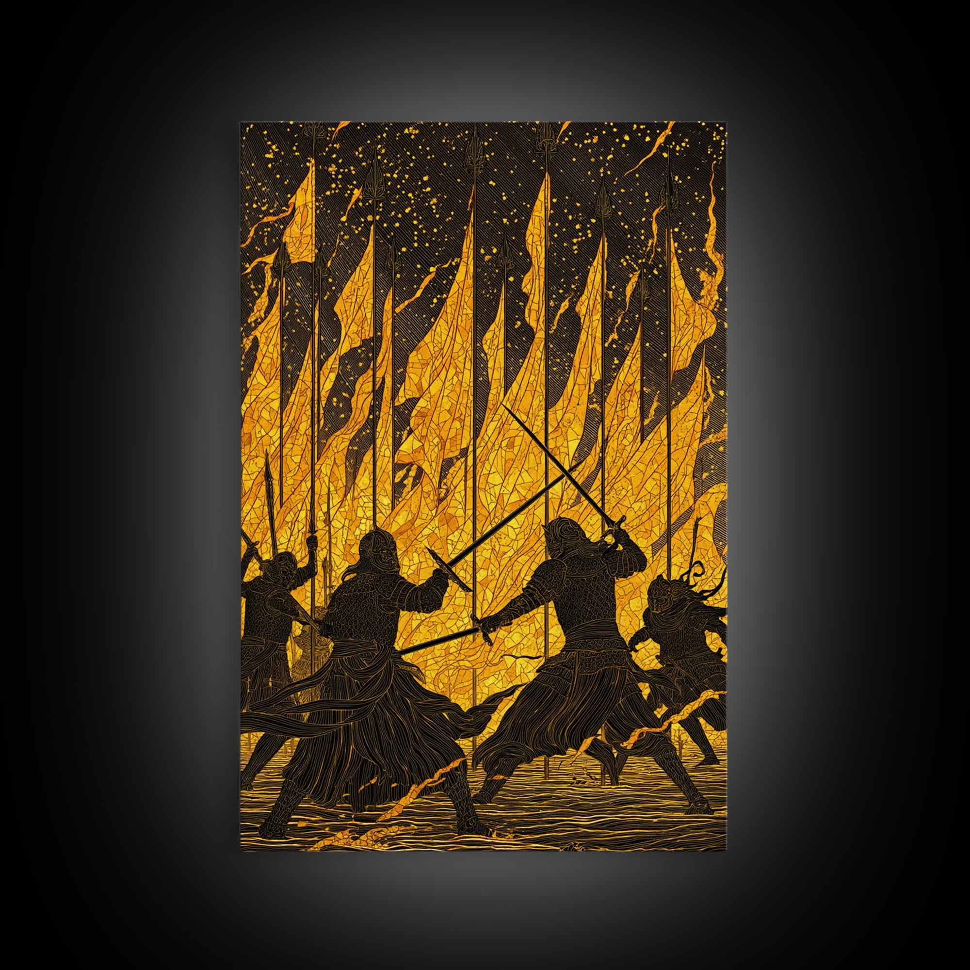 Warriors Clash in Fiery Nordic Battle Canvas Gold Art, Viking Combat Canvas Art framed with real wood, Man Cave Office Wall Accent