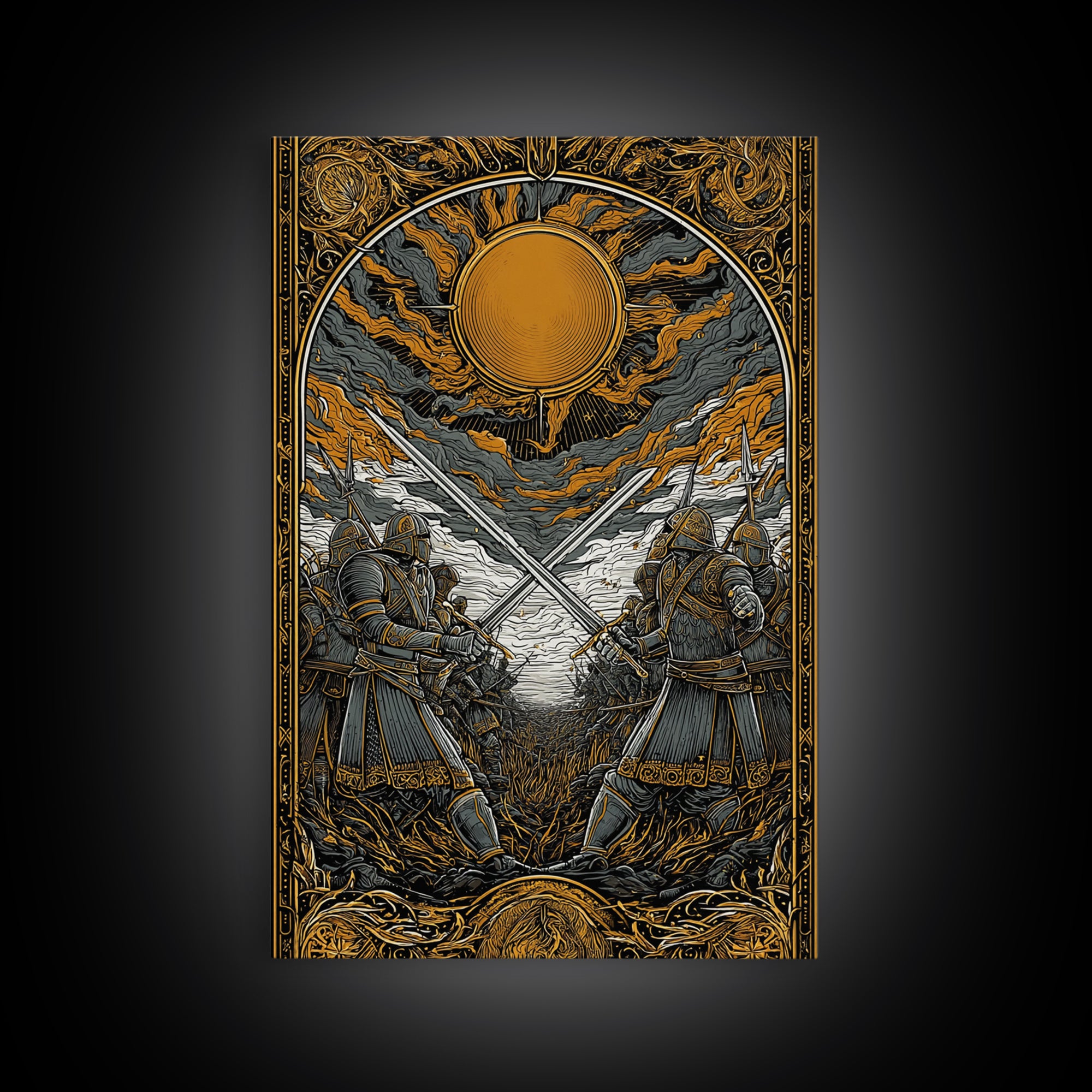 Nordic Mythology Battlefield Canvas Gold Art, Viking Warriors Canvas Art with natural wood frame, Strong Office Decor or Dad Gift