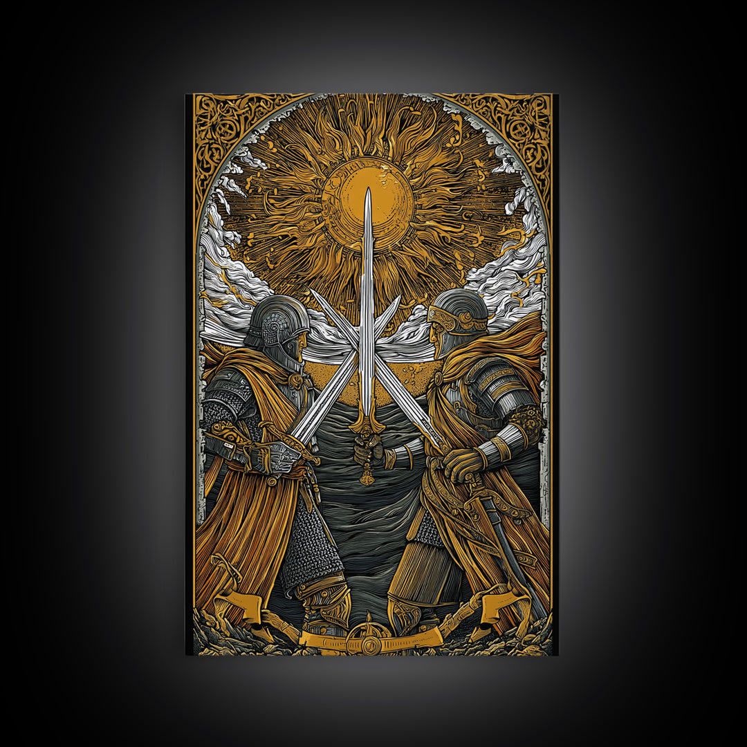 Norse Warriors in Battle Canvas Gold Art, Viking Canvas Art with real wood frame, Perfect for Man Cave, Office Wall Art, or Dad Gift