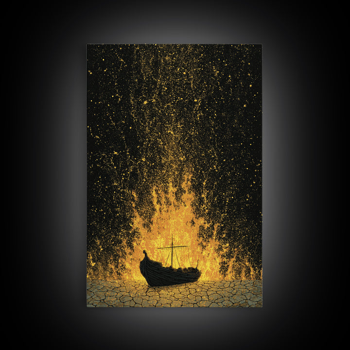 Viking Funeral Ship Canvas Gold Art Canvas Art Norse Burial Scene Wall Decor for Man Cave or Office, framed in real wood