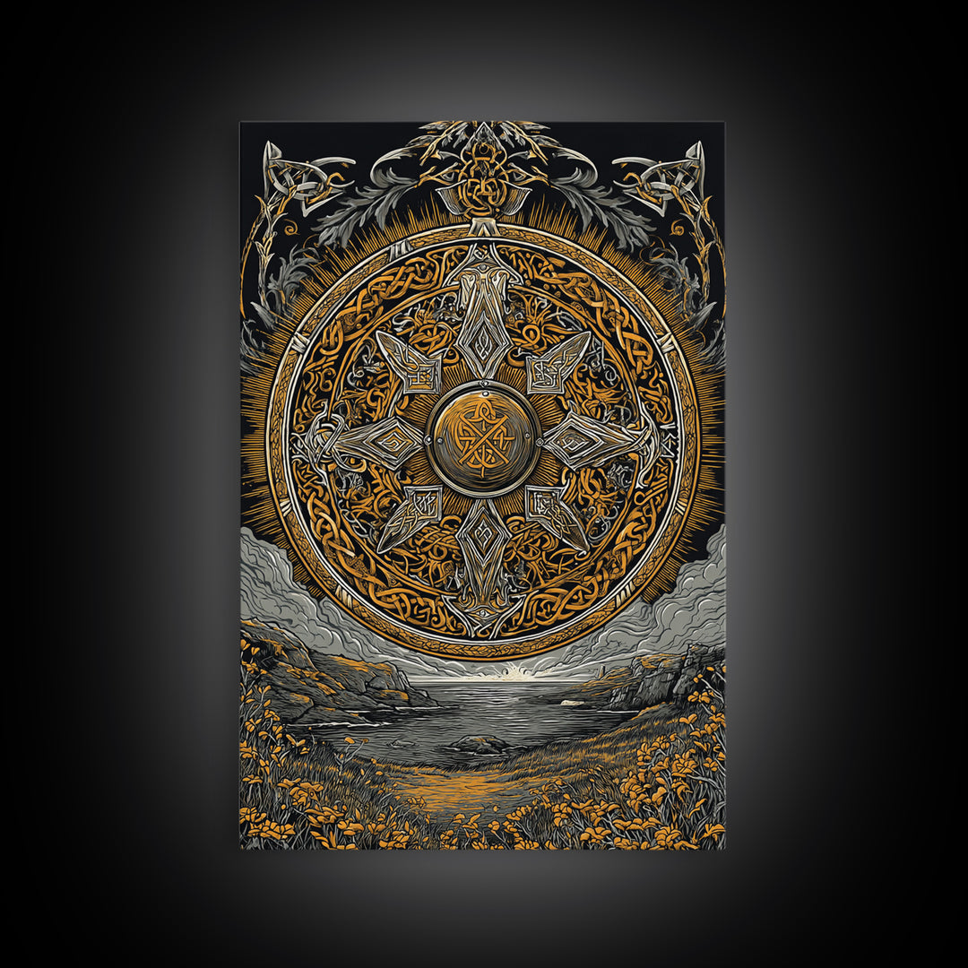 Vegvisir Compass Canvas Gold Art, Norse Mythology Canvas Art of Viking Symbol for Guidance, Man Cave or Office Decor framed in real wood