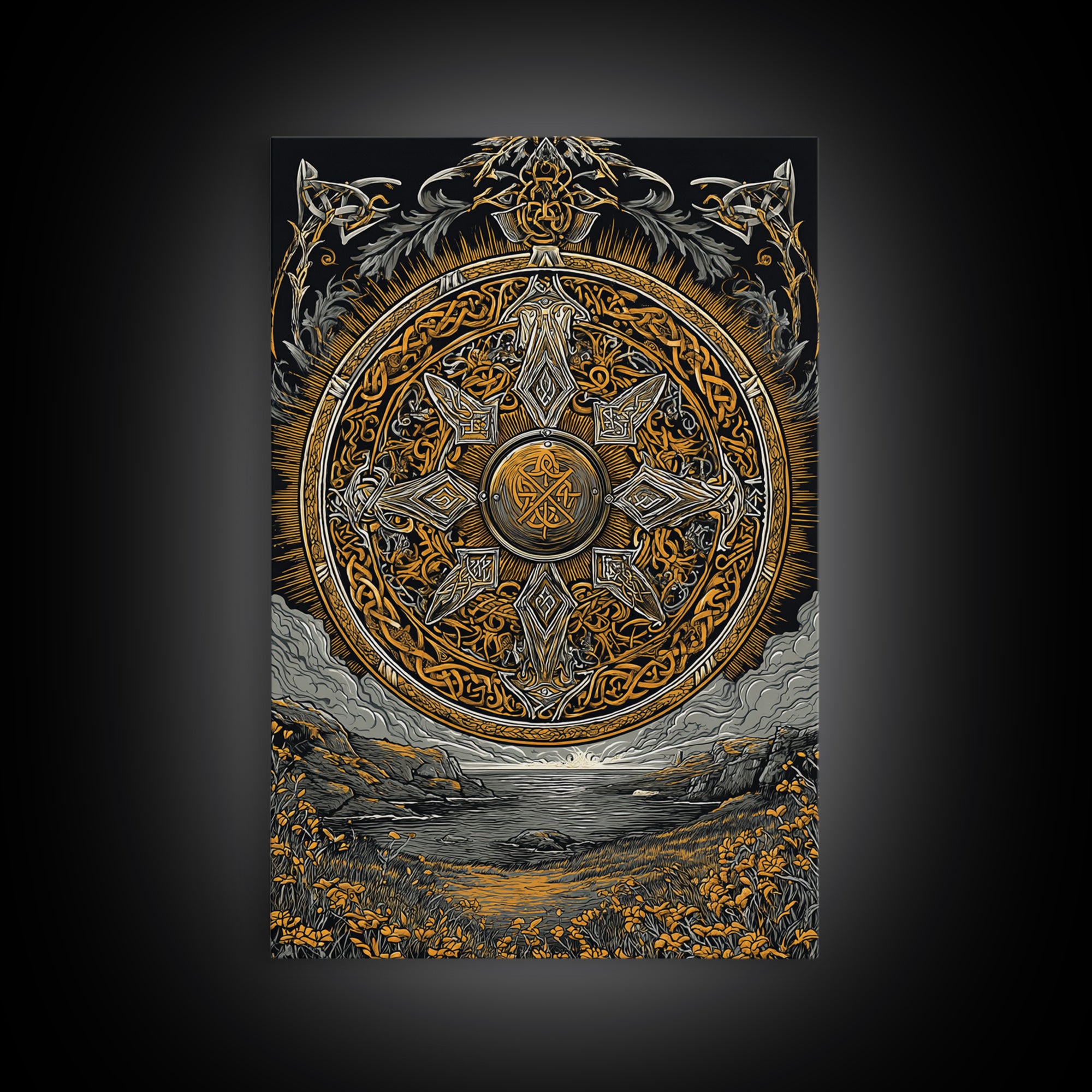 Vegvisir Compass Canvas Gold Art, Norse Mythology Canvas Art of Viking Symbol for Guidance, Man Cave or Office Decor framed in real wood