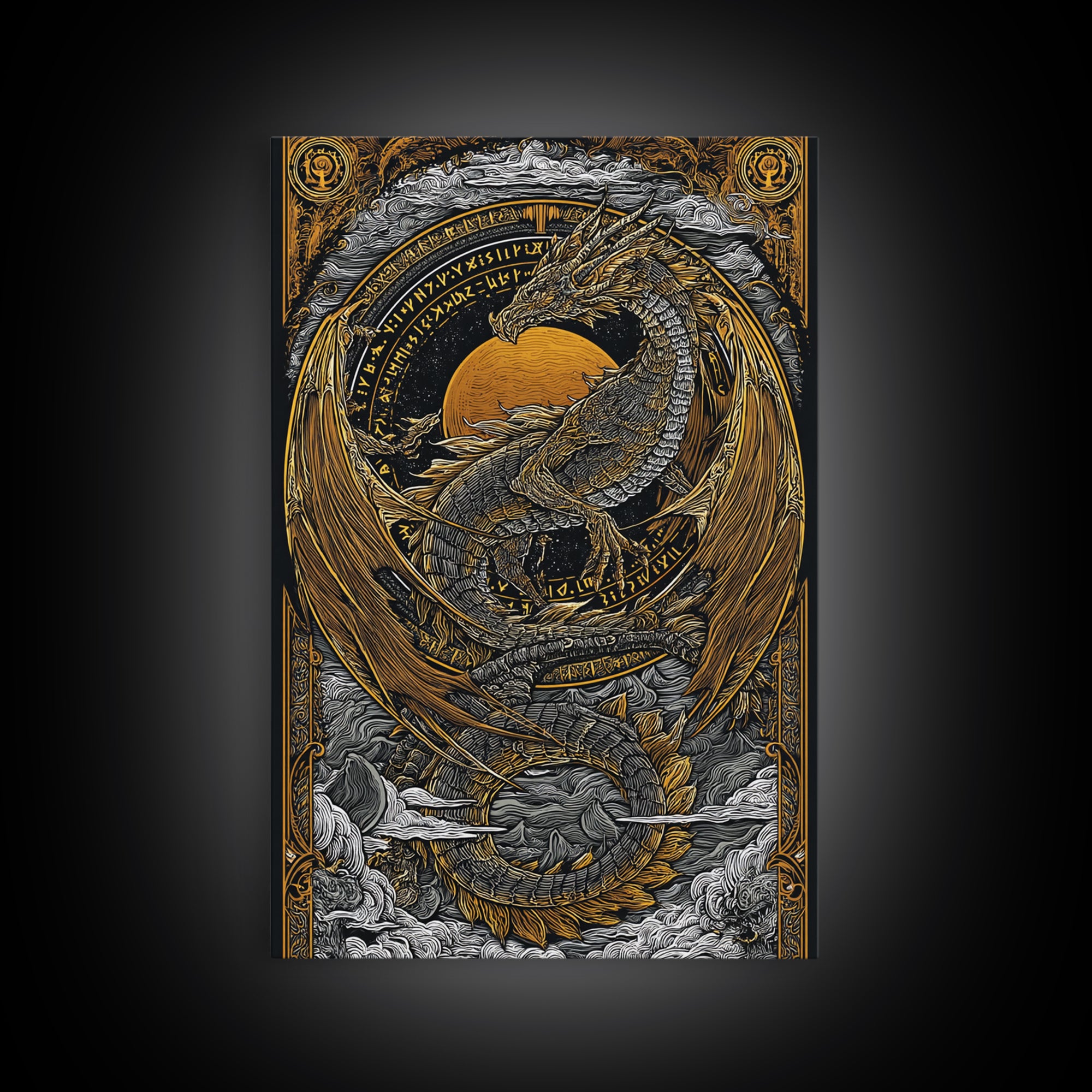 Canvas Gold Art of Jörmungandr Norse Dragon, Viking Myth Canvas Art framed in real wood, Nordic decor perfect for office or study