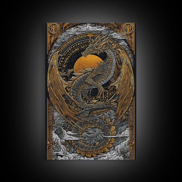 Canvas Gold Art of Jörmungandr Norse Dragon, Viking Myth Canvas Art framed in real wood, Nordic decor perfect for office or study