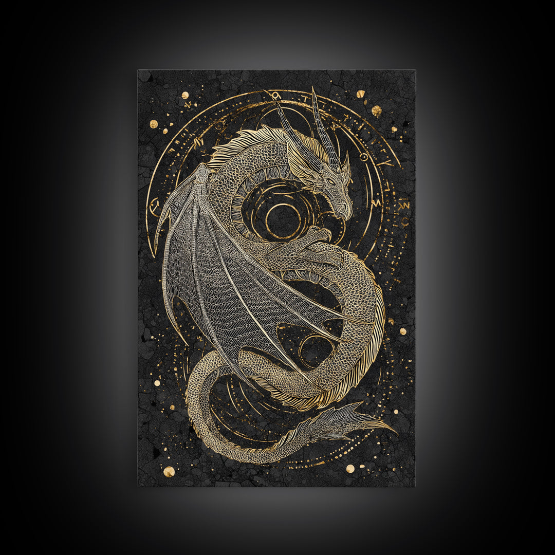 Nordic Dragon Canvas Gold Art, Viking Mythology Canvas Art for Man Cave or Office, framed in natural real wood for dad gift