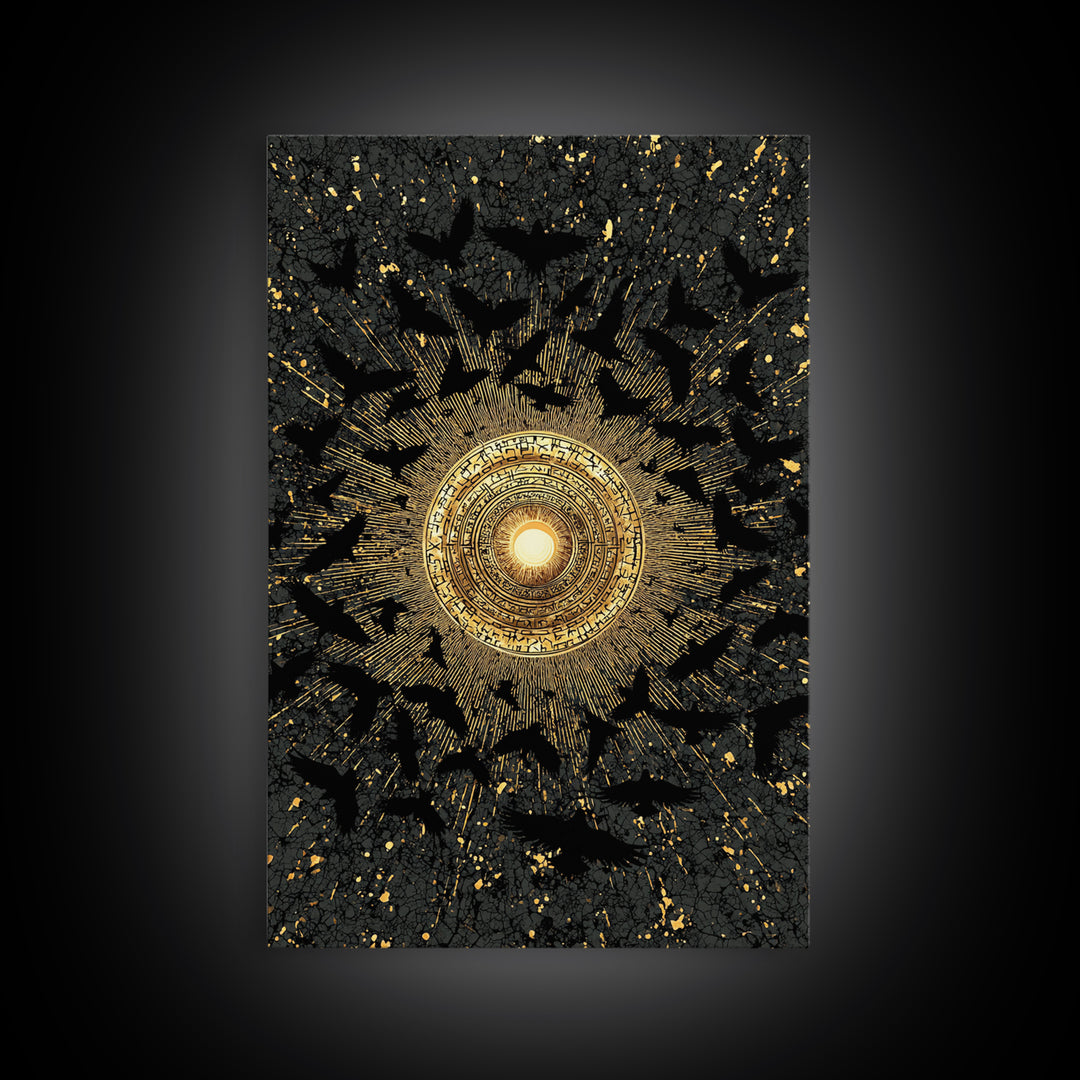 Canvas Art Norse Ravens and Sun Wheel, Canvas Gold Art Viking Decor with runes, framed in real wood, Nordic mythology gift for dad