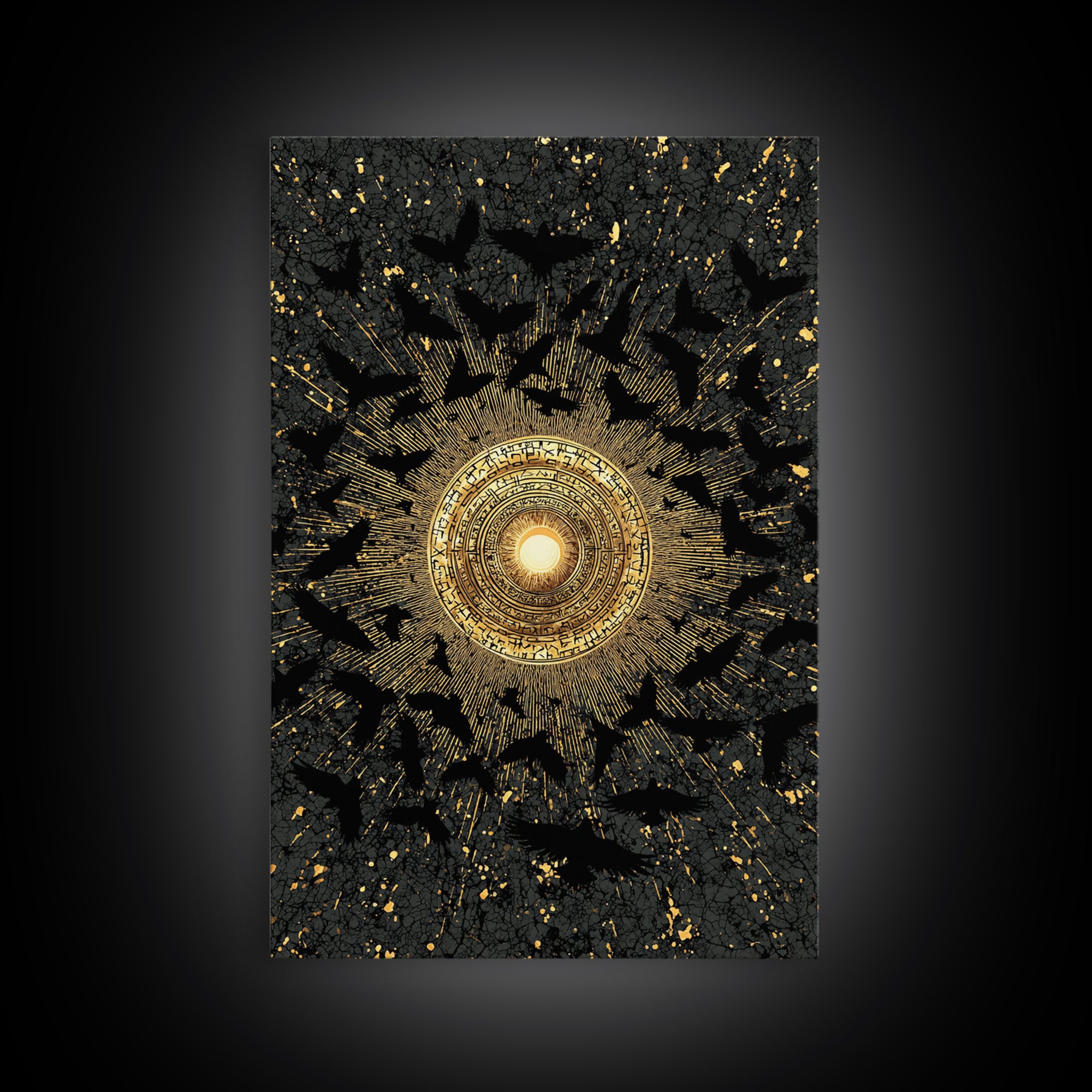Canvas Art Norse Ravens and Sun Wheel, Canvas Gold Art Viking Decor with runes, framed in real wood, Nordic mythology gift for dad