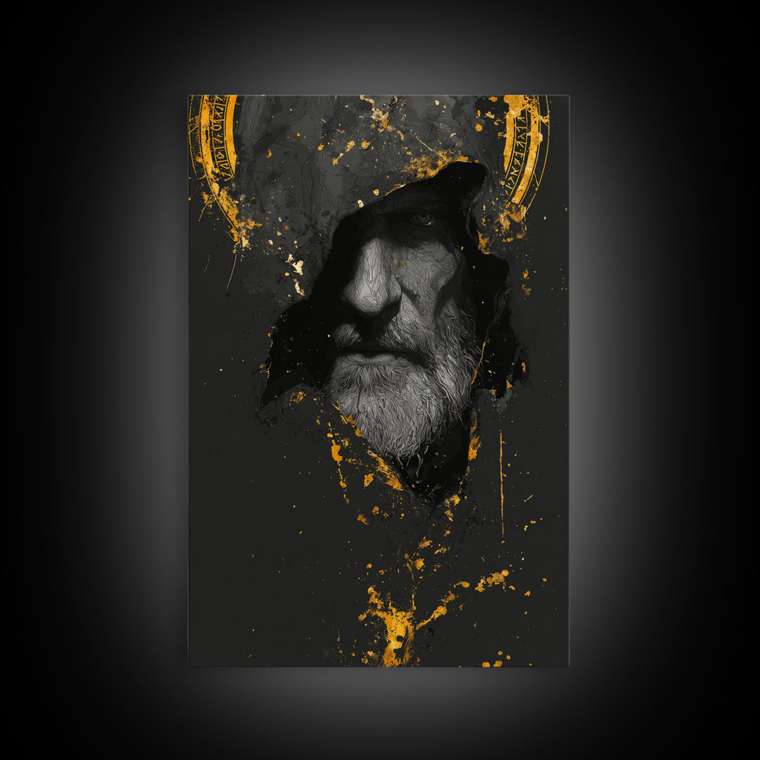 Odin Canvas Gold Art Norse God Portrait, Viking Mythology Canvas Art with real wood frame, masculine Nordic wall art for man cave