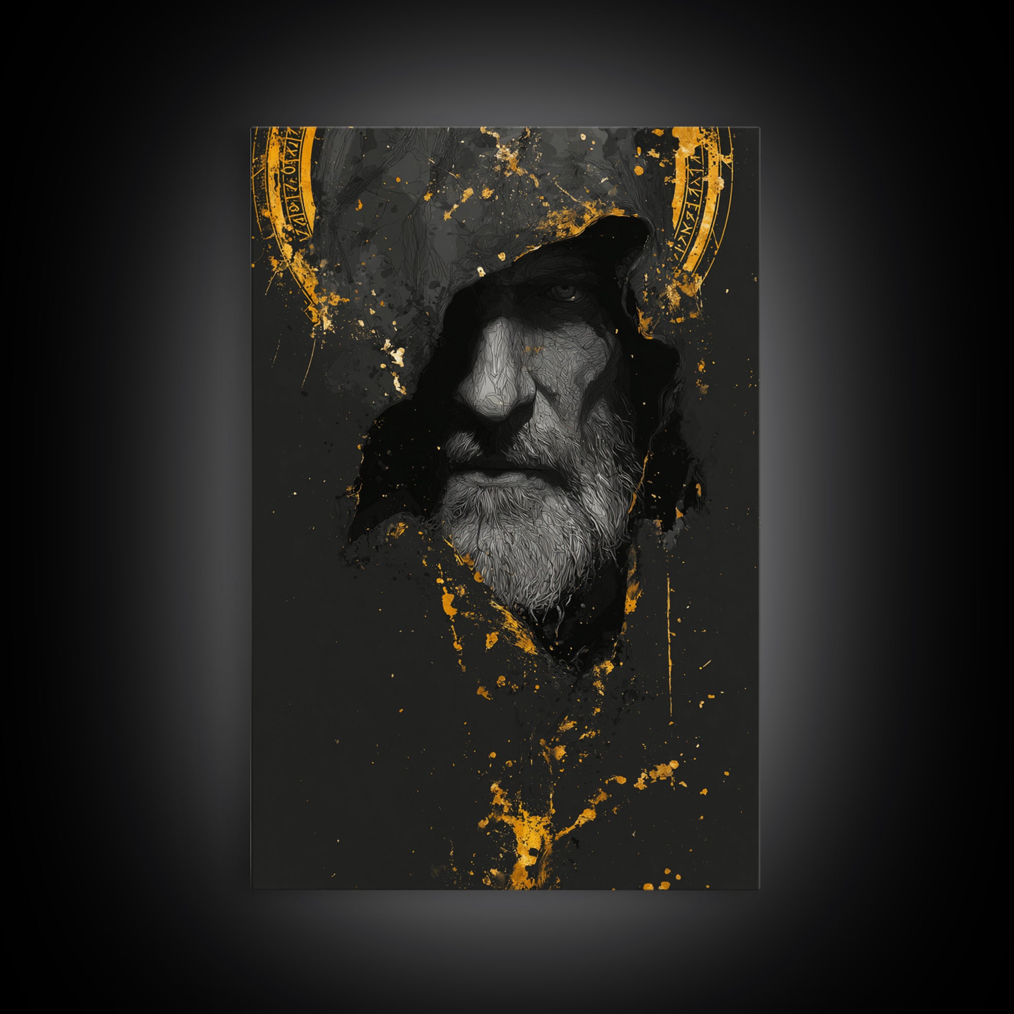 Odin Canvas Gold Art Norse God Portrait, Viking Mythology Canvas Art with real wood frame, masculine Nordic wall art for man cave