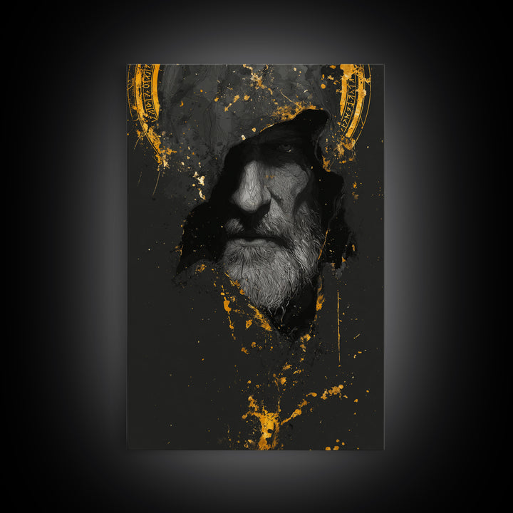 Odin Canvas Gold Art Norse God Portrait, Viking Mythology Canvas Art with real wood frame, masculine Nordic wall art for man cave