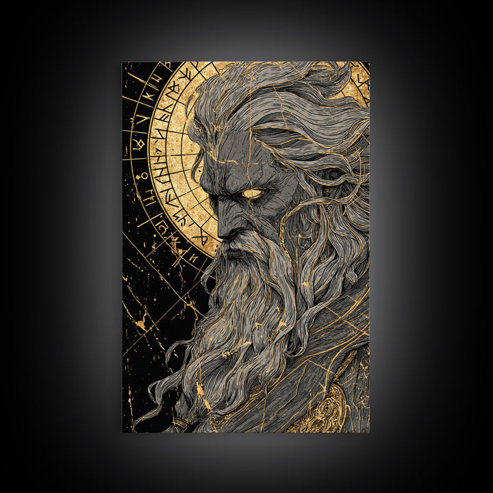 Canvas Gold Art Norse Allfather Odin, Viking Mythology Canvas Art framed in real wood, Nordic wall decor perfect as office or dad gift