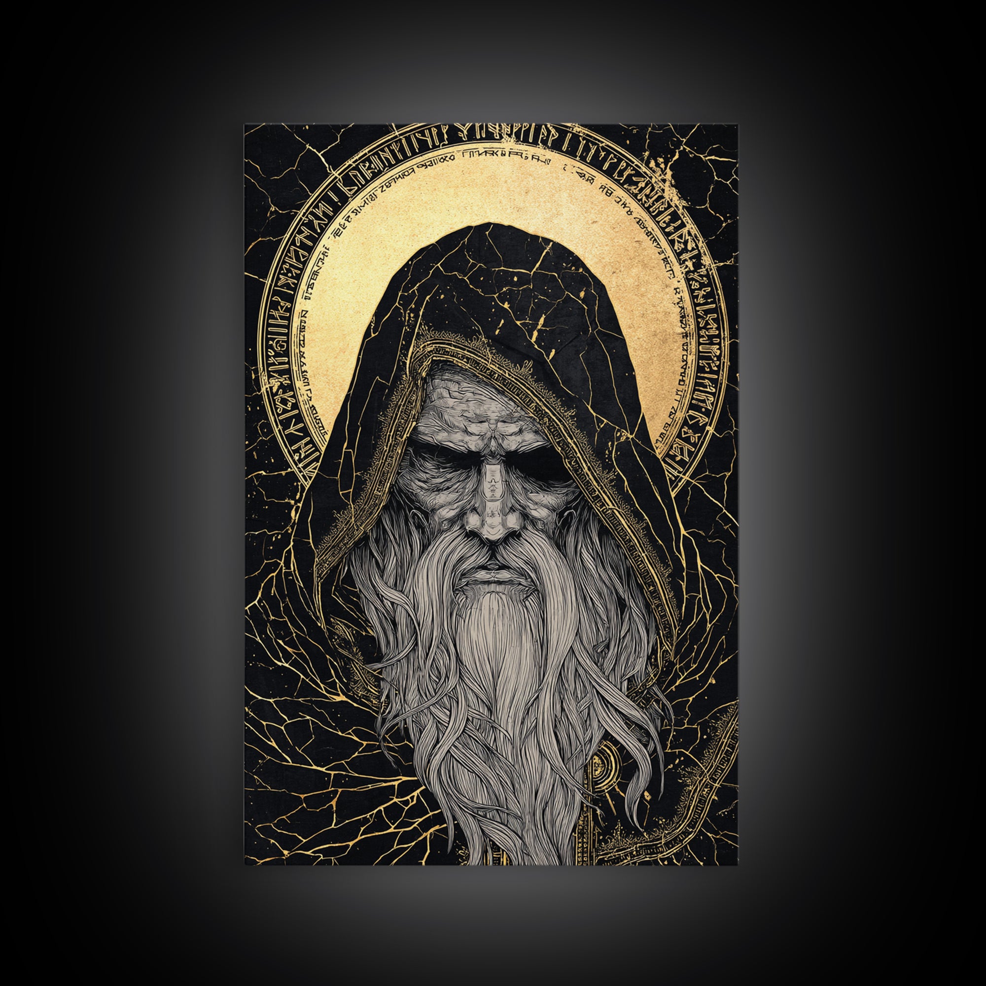 Norse God Odin Canvas Gold Art, Viking Mythology Canvas Art in natural wood frame, powerful Nordic wall art for office or man cave