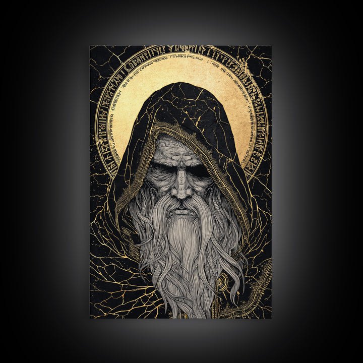 Norse God Odin Canvas Gold Art, Viking Mythology Canvas Art in natural wood frame, powerful Nordic wall art for office or man cave