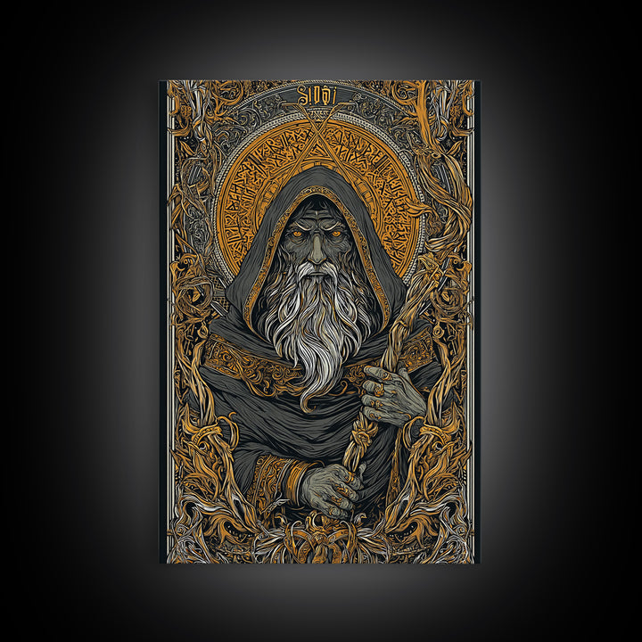 Viking Odin Canvas Gold Art, Nordic Mythology Canvas Art with real wood frame, masculine office wall art or unique Norse gift for dad