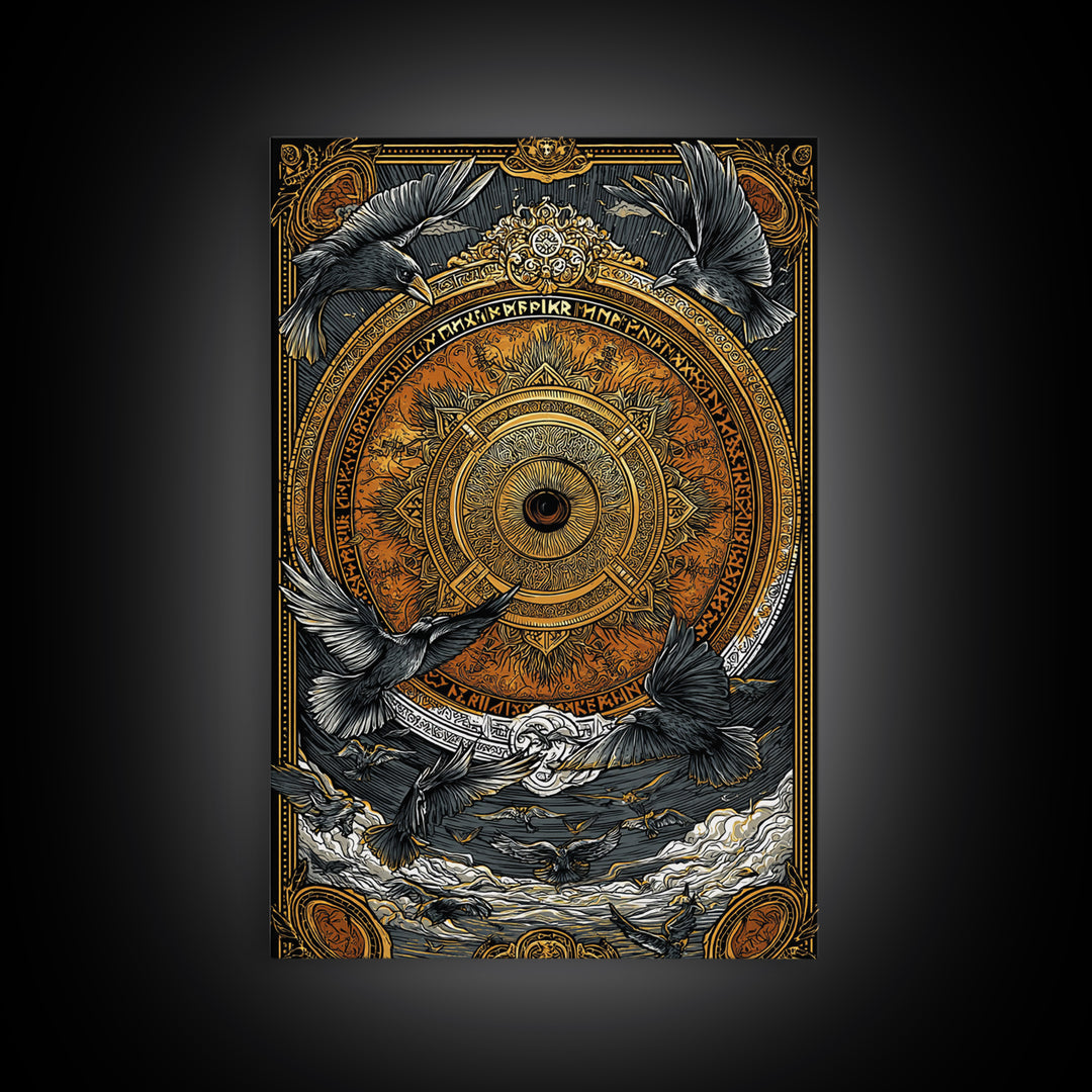 Huginn and Muninn Canvas Gold Art, Odin’s Ravens Norse Mythology Canvas Art in real wood frame, Nordic office or man cave wall decor