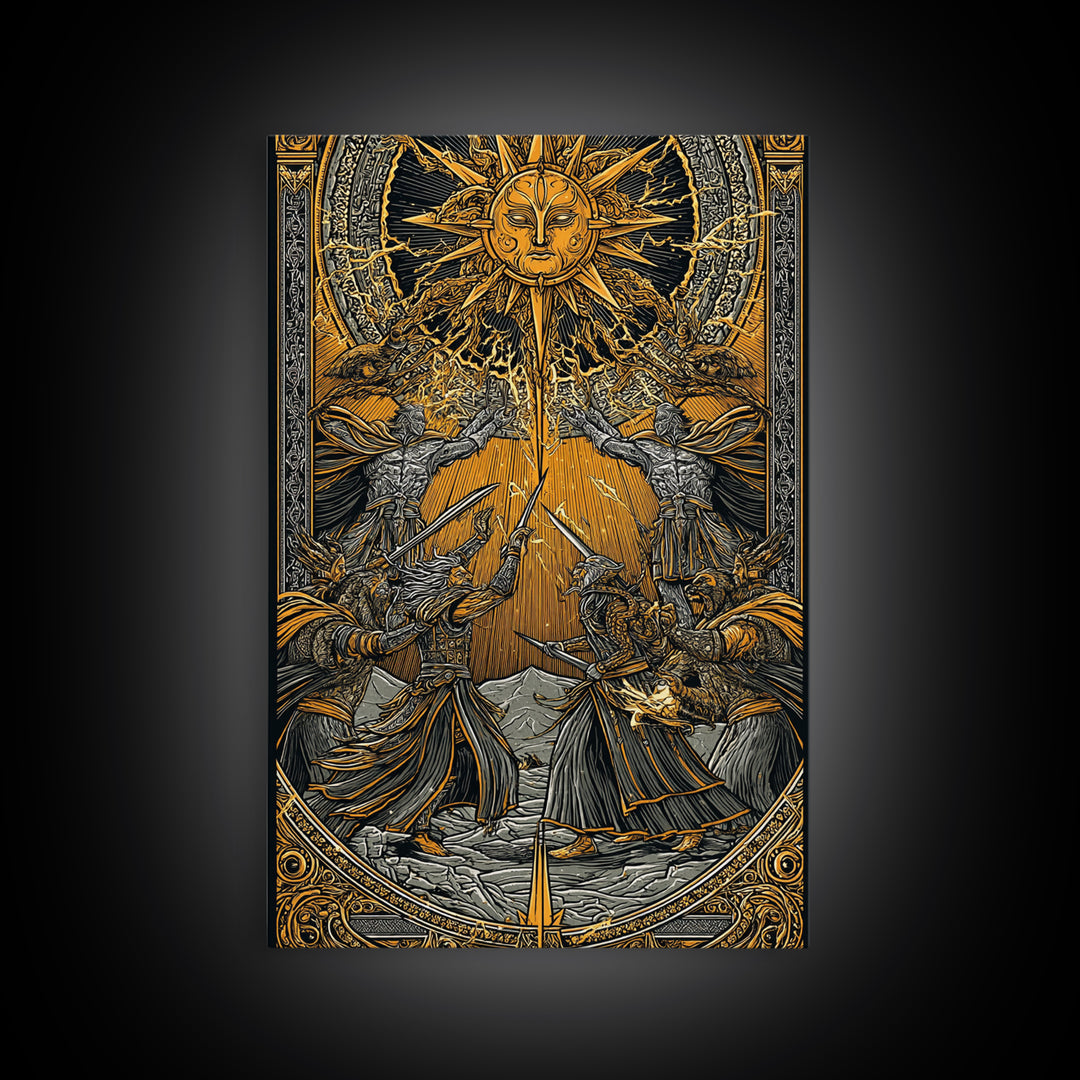Ragnarök Battle Canvas Gold Art, Viking Apocalypse Norse Myth Canvas Art in real wood frame, Nordic wall art for man cave or office