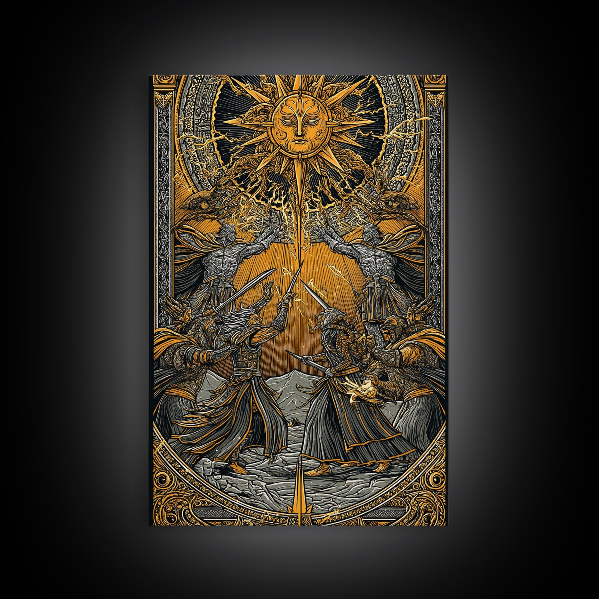 Ragnarök Battle Canvas Gold Art, Viking Apocalypse Norse Myth Canvas Art in real wood frame, Nordic wall art for man cave or office