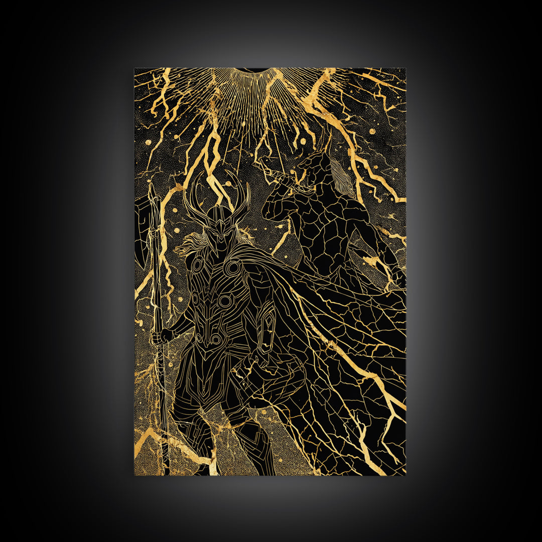 Ragnarok Norse Mythology Wall Decor, Canvas Gold Art and Canvas Art with Thor and Loki, Viking Battle Design framed in real wood