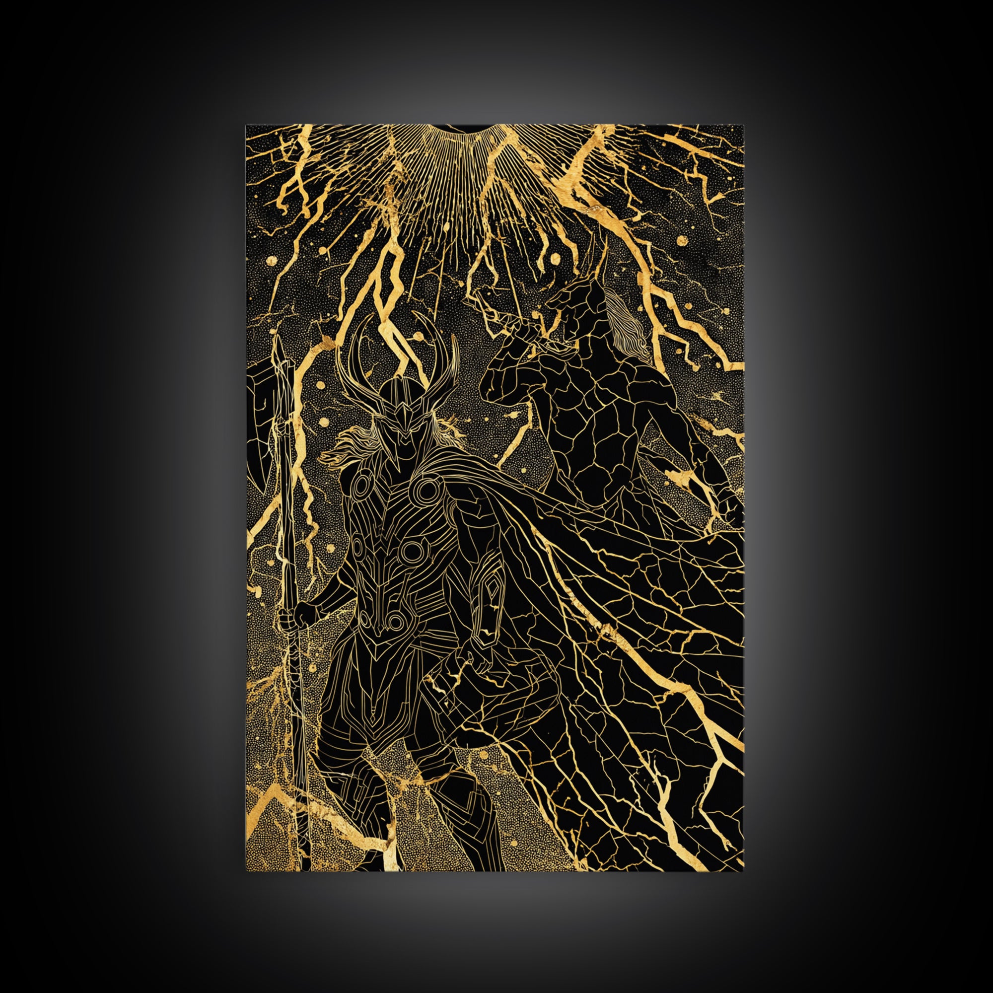 Ragnarok Norse Mythology Wall Decor, Canvas Gold Art and Canvas Art with Thor and Loki, Viking Battle Design framed in real wood