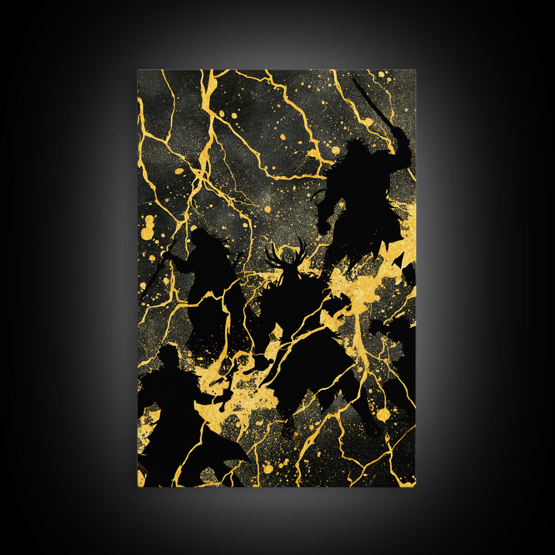Epic Ragnarok Battle Scene Nordic Wall Art, Canvas Gold Art and Canvas Art, Norse Gods Lightning Design with natural wood frame
