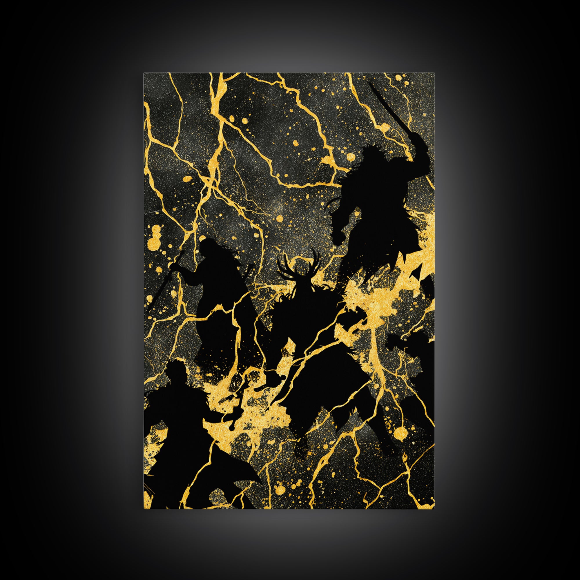 Epic Ragnarok Battle Scene Nordic Wall Art, Canvas Gold Art and Canvas Art, Norse Gods Lightning Design with natural wood frame
