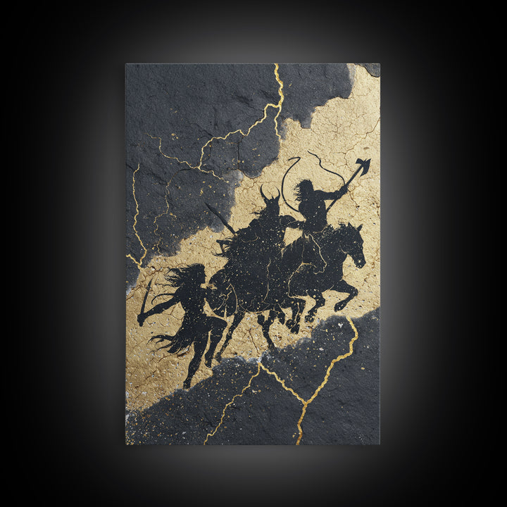 Valkyrie Ride Canvas Gold Art, Norse Mythology Warrior Women Canvas Art framed in natural wood, Viking man cave or office wall decor
