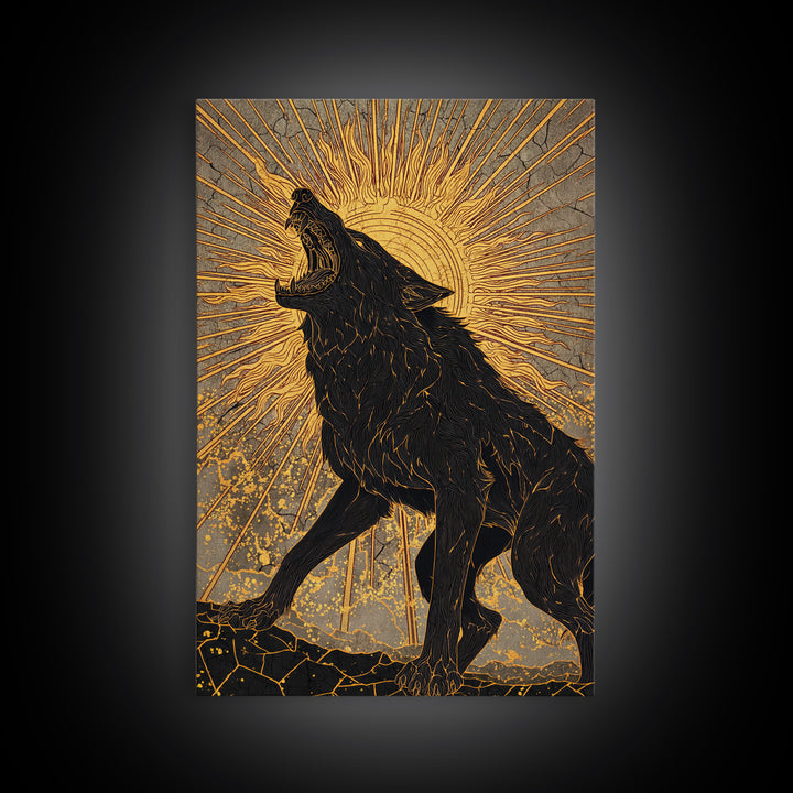Nordic Fenrir Wolf Canvas Art, Canvas Gold Art with Norse Mythology Sun Chaser Wolf, Man Cave Decor framed in authentic wood