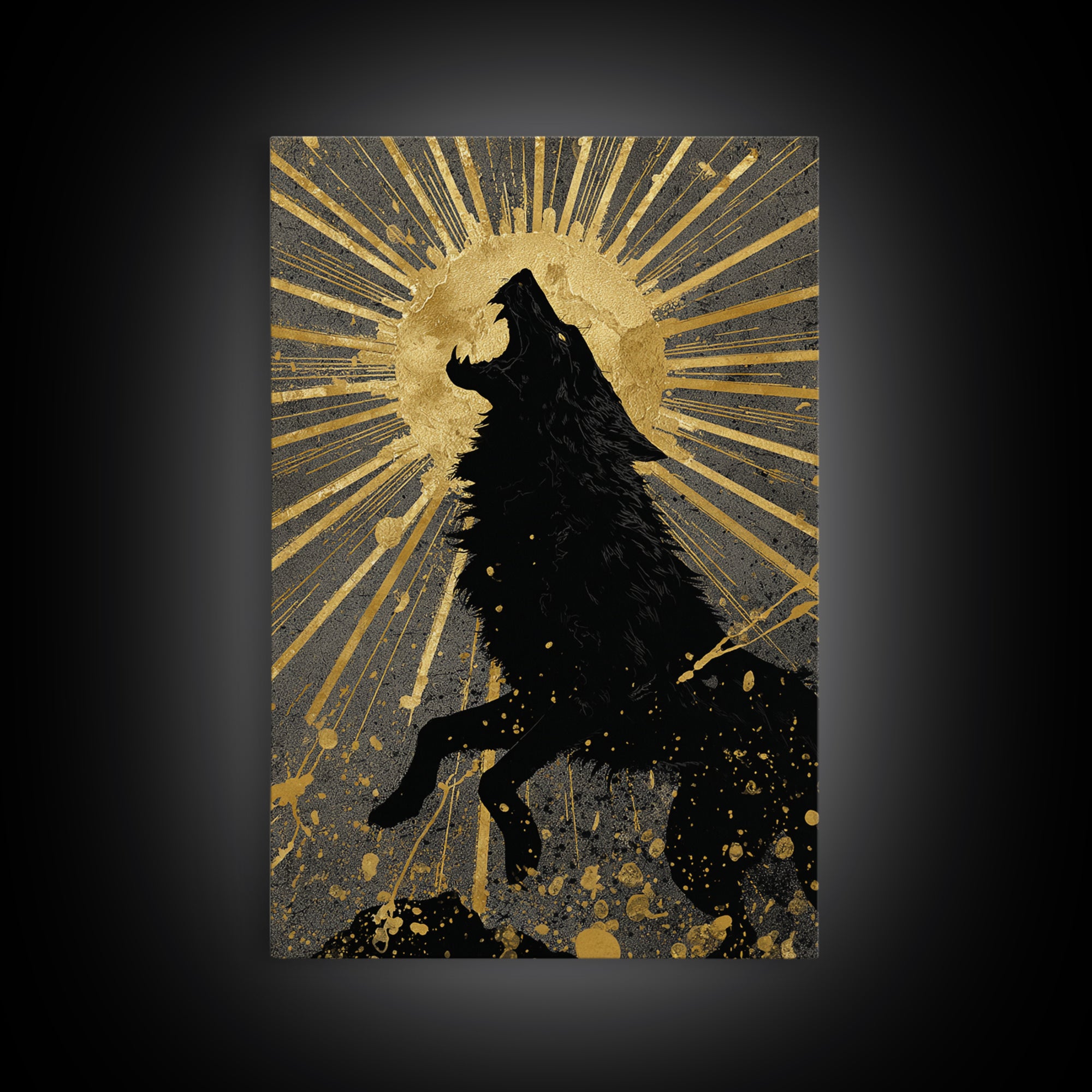 Fenrir Howling Wolf Canvas Gold Art, Norse Mythology Canvas Art with Viking Wolf Symbolism, Office Wall Decor in real wood frame