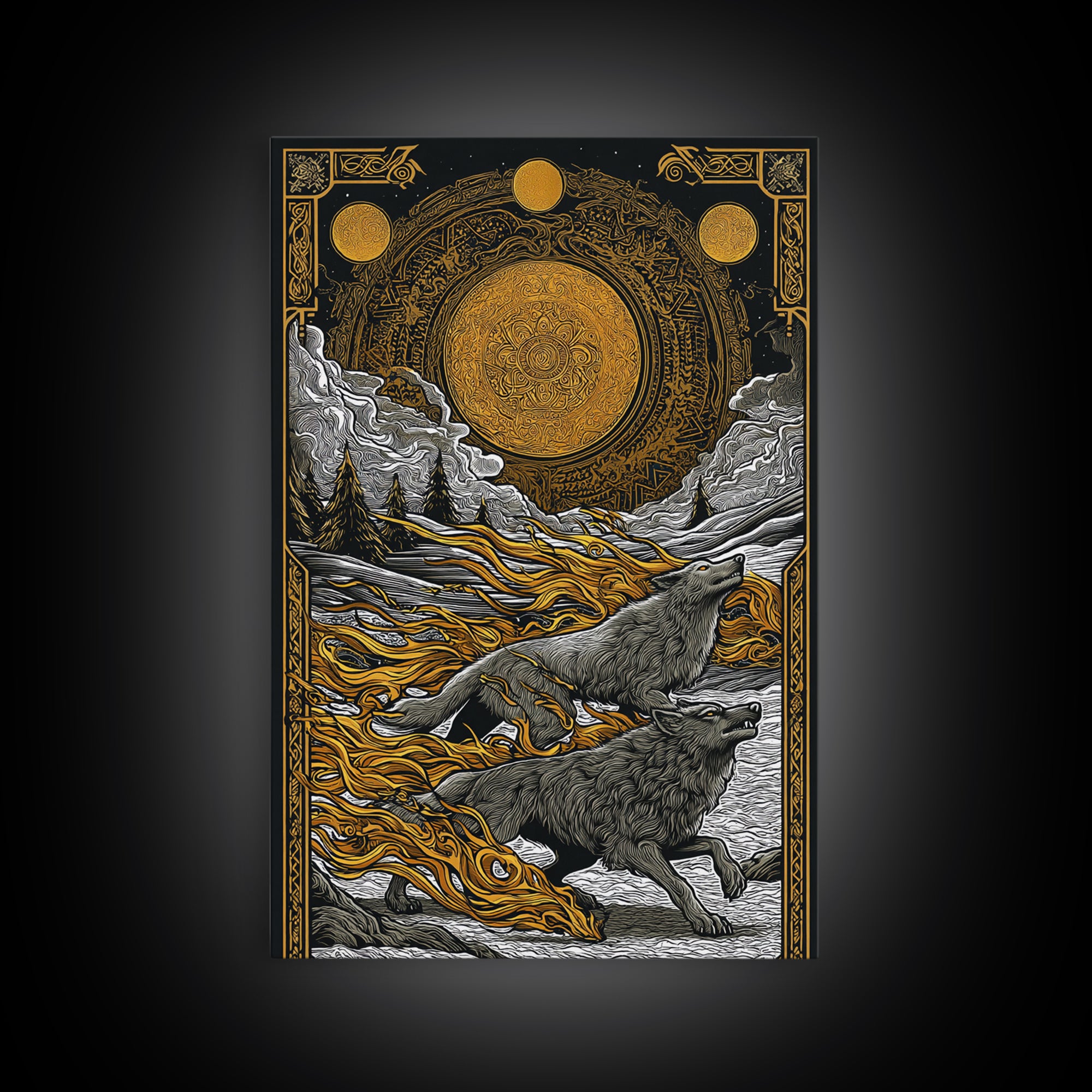 Sköll and Hati Wolves Norse Mythology Art, Canvas Gold Art and Canvas Art, Viking Wolf Chasing Sun and Moon framed in wood