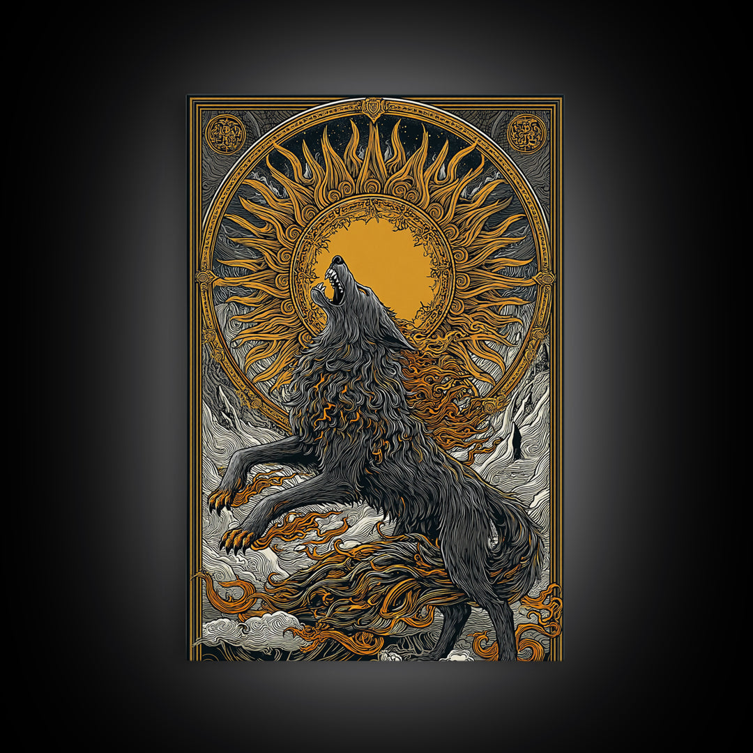 Fenrir Wolf Ragnarok Canvas Art, Canvas Gold Art with Norse Mythology Theme, Viking Wolf Office Wall Decor framed in real wood