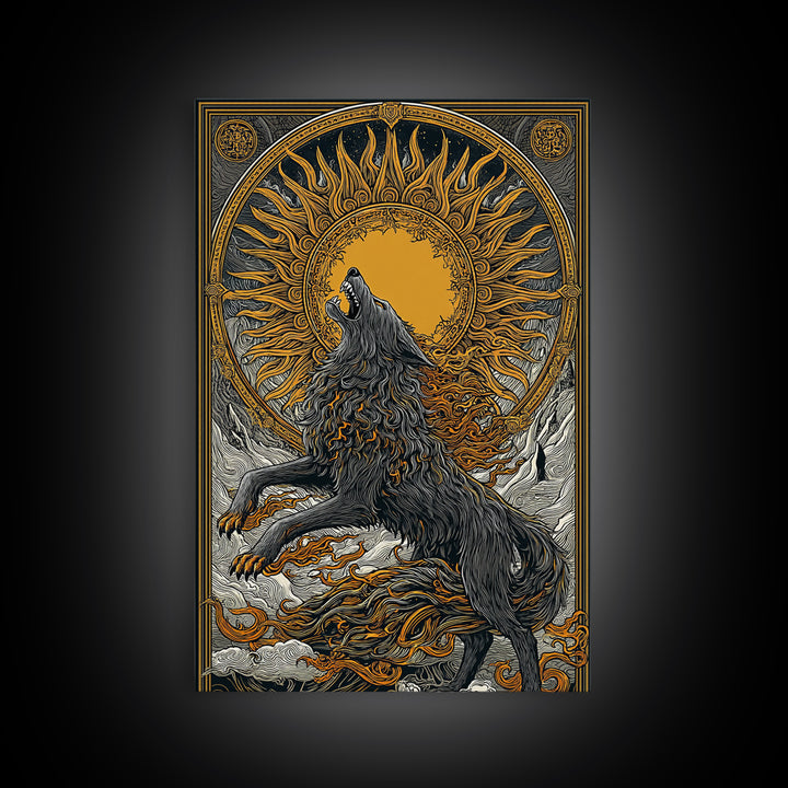 Fenrir Wolf Ragnarok Canvas Art, Canvas Gold Art with Norse Mythology Theme, Viking Wolf Office Wall Decor framed in real wood