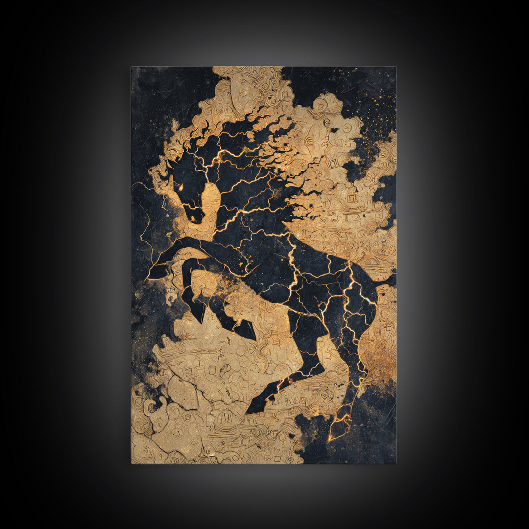 Nordic Sleipnir Horse Canvas Art, Canvas Gold Art featuring Odin’s Eight-Legged Horse, Norse Myth Wall Decor framed in natural wood