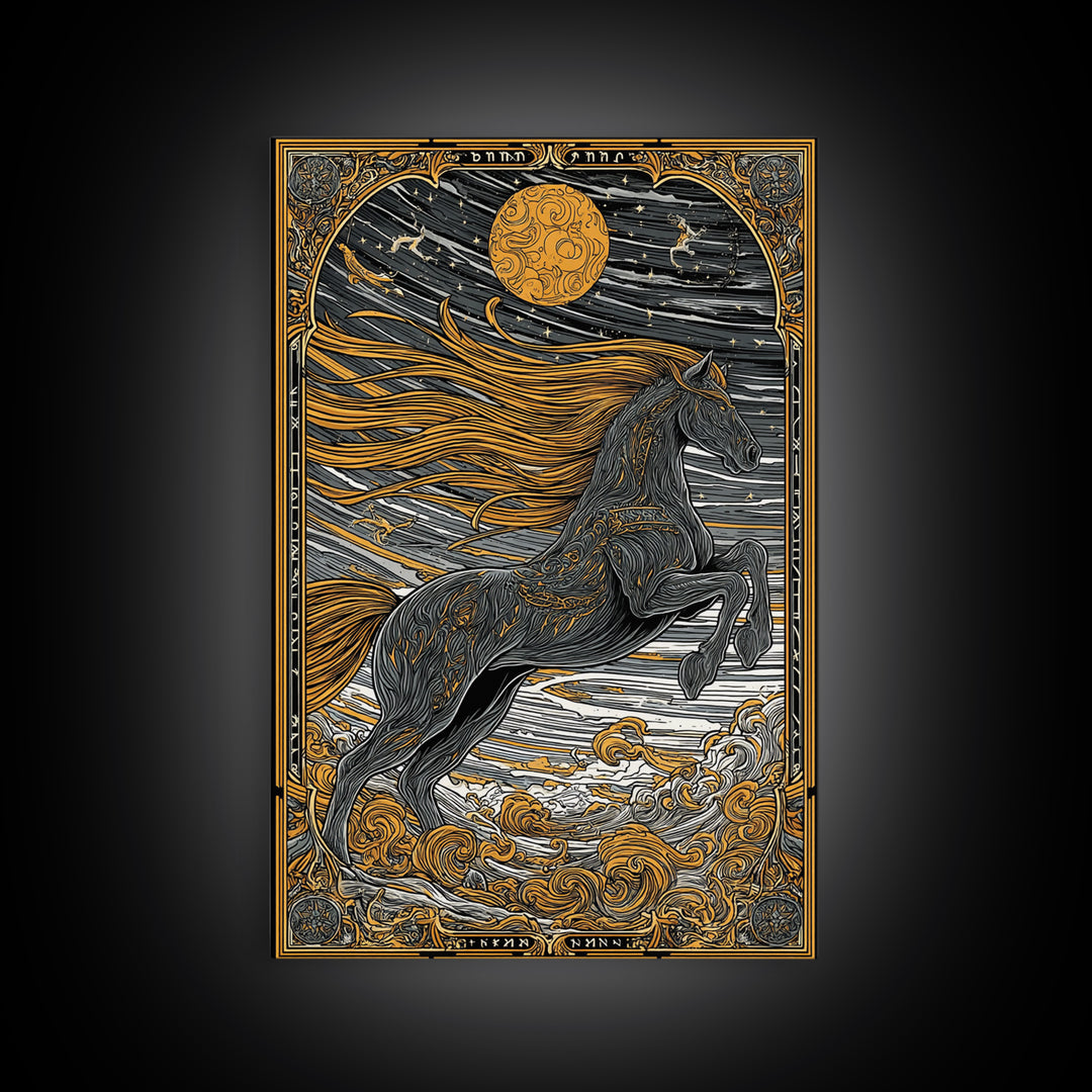 Sleipnir Norse Myth Horse Wall Decor, Canvas Gold Art and Canvas Art, Viking Equestrian Nordic Office Art framed in natural wood